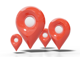 3d GPS navigator icon. Red location map pin with white bubble for destination. 4 Plastic realistic checking points on transparent. Cartoon 3d icon minimal style. 3d render illustration. png