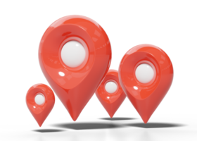 3d GPS navigator icon. Red location map pin with white bubble for destination. 4 Plastic realistic checking points on transparent. Cartoon 3d icon minimal style. 3d render illustration. png