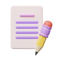 3D blank white sheet and pencil floating on transparent. Copywriting, notepad, clipboard, writing on document, note taking, project plan concept. Cartoon icon minimal style. 3d render illustration png