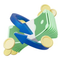 3d Arrow circle icon, bundles cash money, coins floating on transparent. Mobile banking, Online payment service. Cashback and refund. Transfer banknote. Currency exchange. Saving dollar. 3d render png