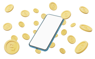 Gold coin spread flew out of phone on transparent. Mobile banking and Online payment service. Saving dollar wealth and business financial concept. Smartphone money transfer online. 3d render. png