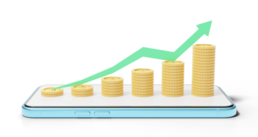 oro monete pila grafico con verde freccia su su blu Telefono. mobile bancario e in linea pagamento servizio, e commercio. passaggi per successo. Salvataggio ricchezza e attività commerciale finanziario concetto. 3d rendere png