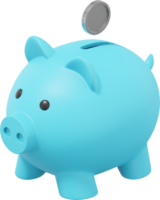 Blue piggy bank, dropping coins. PNG icon on transparent background. 3D rendering.