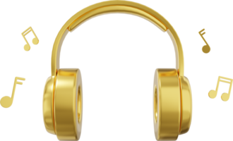 Wireless headphones and flying music notes front view. Gold PNG icon on a transparent background. 3D rendering.