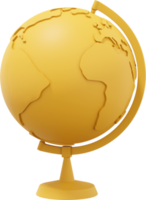 Globe Earth on a stand. Minimalist cartoon. Yellow PNG Isolated icon on transparent background. 3D rendering.