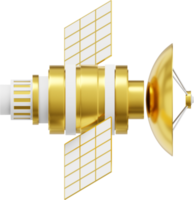 Satélite espacial con antena. estación de comunicación orbital inteligencia, investigación. representación 3d icono de png de oro metálico sobre fondo transparente.