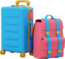 Travel suitcase on wheels and travel backpack. PNG icon on transparent background. 3D rendering.