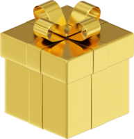 Realistic gold gift box with ribbon. 3D rendering. PNG Icon on transparent background.