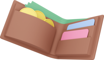 Wallet with coins, bills and credit cards. PNG icon on transparent background.