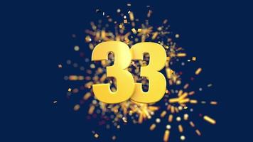 Gold number 33 in the foreground with gold confetti falling and fireworks behind out of focus against a dark blue background. 3D Animation video