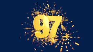 Gold number 97 in the foreground with gold confetti falling and fireworks behind out of focus against a dark blue background. 3D Animation video