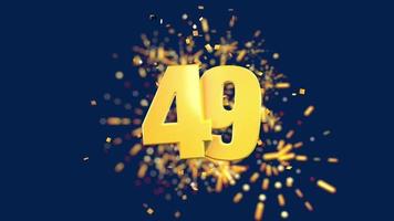 Gold number 49 in the foreground with gold confetti falling and fireworks behind out of focus against a dark blue background. 3D Animation video