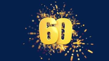 Gold number 60 in the foreground with gold confetti falling and fireworks behind out of focus against a dark blue background. 3D Animation video