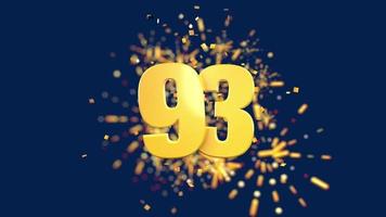 Gold number 93 in the foreground with gold confetti falling and fireworks behind out of focus against a dark blue background. 3D Animation video