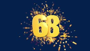 Gold number 68 in the foreground with gold confetti falling and fireworks behind out of focus against a dark blue background. 3D Animation video