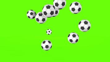 Group of black and white soccer balls bouncing on a green surface against a chroma key background. 3D Animation video