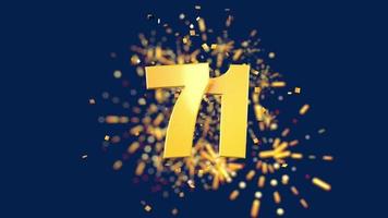 Gold number 71 in the foreground with gold confetti falling and fireworks behind out of focus against a dark blue background. 3D Animation video