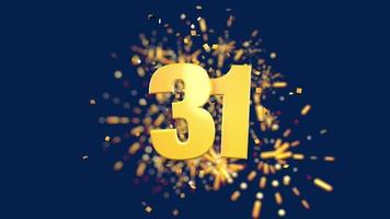 Gold number 31 in the foreground with gold confetti falling and fireworks behind out of focus against a dark blue background. 3D Animation video