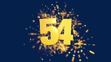 Gold number 54 in the foreground with gold confetti falling and fireworks behind out of focus against a dark blue background. 3D Animation video