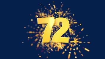 Gold number 72 in the foreground with gold confetti falling and fireworks behind out of focus against a dark blue background. 3D Animation video