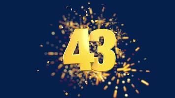 goldene Zahl 43 im Vordergrund mit fallendem goldenem Konfetti und Feuerwerk dahinter unscharf vor dunkelblauem Hintergrund. 3D-Animation video