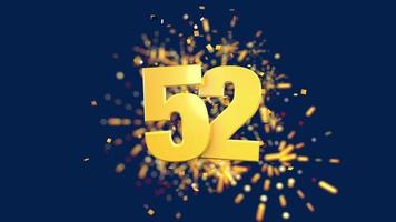 ouro número 52 em primeiro plano com confetes de ouro caindo e fogos de artifício atrás fora de foco contra um fundo azul escuro. animação 3D video