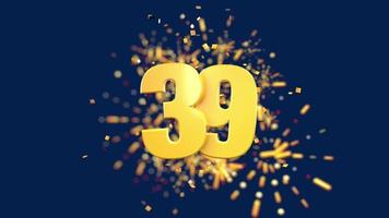 Gold number 39 in the foreground with gold confetti falling and fireworks behind out of focus against a dark blue background. 3D Animation video