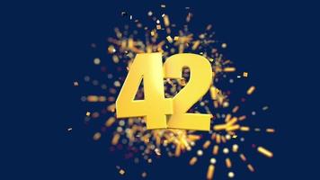 Gold number 42 in the foreground with gold confetti falling and fireworks behind out of focus against a dark blue background. 3D Animation video