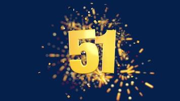 Gold number 51 in the foreground with gold confetti falling and fireworks behind out of focus against a dark blue background. 3D Animation video