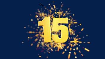 Gold number 15 in the foreground with gold confetti falling and fireworks behind out of focus against a dark blue background. 3D Animation video