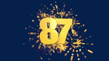 Gold number 87 in the foreground with gold confetti falling and fireworks behind out of focus against a dark blue background. 3D Animation video