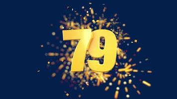 Gold number 79 in the foreground with gold confetti falling and fireworks behind out of focus against a dark blue background. 3D Animation video