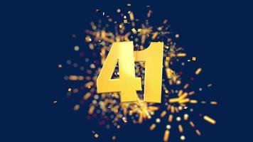 Gold number 41 in the foreground with gold confetti falling and fireworks behind out of focus against a dark blue background. 3D Animation video