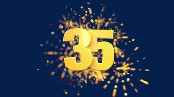 Gold number 35 in the foreground with gold confetti falling and fireworks behind out of focus against a dark blue background. 3D Animation video