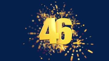 goldene Zahl 46 im Vordergrund mit fallendem goldenem Konfetti und Feuerwerk dahinter unscharf vor einem dunkelblauen Hintergrund. 3D-Animation video