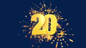 Gold number 20 in the foreground with gold confetti falling and fireworks behind out of focus against a dark blue background. 3D Animation video