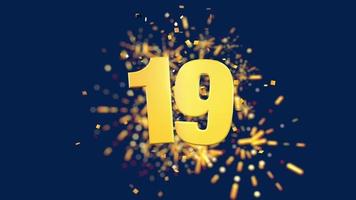 Gold number 19 in the foreground with gold confetti falling and fireworks behind out of focus against a dark blue background. 3D Animation video