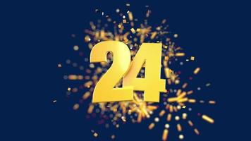 Gold number 24 in the foreground with gold confetti falling and fireworks behind out of focus against a dark blue background. 3D Animation video