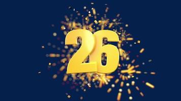 Gold number 26 in the foreground with gold confetti falling and fireworks behind out of focus against a dark blue background. 3D Animation video