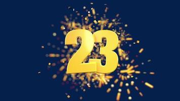 Gold number 23 in the foreground with gold confetti falling and fireworks behind out of focus against a dark blue background. 3D Animation video