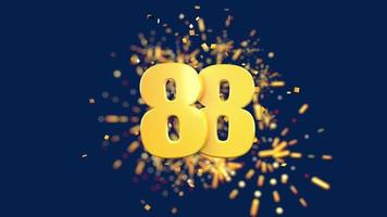 Gold number 88 in the foreground with gold confetti falling and fireworks behind out of focus against a dark blue background. 3D Animation video