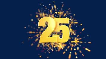 Gold number 25 in the foreground with gold confetti falling and fireworks behind out of focus against a dark blue background. 3D Animation video