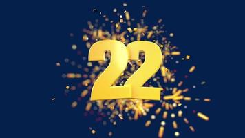 Gold number 22 in the foreground with gold confetti falling and fireworks behind out of focus against a dark blue background. 3D Animation video