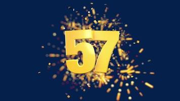 Gold number 57 in the foreground with gold confetti falling and fireworks behind out of focus against a dark blue background. 3D Animation video