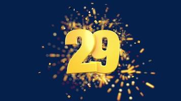 Gold number 29 in the foreground with gold confetti falling and fireworks behind out of focus against a dark blue background. 3D Animation video