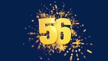 ouro número 56 em primeiro plano com confetes de ouro caindo e fogos de artifício atrás fora de foco contra um fundo azul escuro. animação 3D video