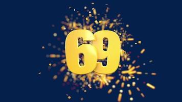 ouro número 69 em primeiro plano com confetes de ouro caindo e fogos de artifício atrás fora de foco contra um fundo azul escuro. animação 3D video