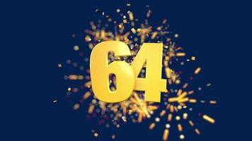 goldene Zahl 64 im Vordergrund mit fallendem goldenem Konfetti und Feuerwerk dahinter unscharf vor einem dunkelblauen Hintergrund. 3D-Animation video