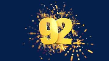 Gold number 92 in the foreground with gold confetti falling and fireworks behind out of focus against a dark blue background. 3D Animation video