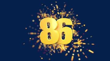 Gold number 86 in the foreground with gold confetti falling and fireworks behind out of focus against a dark blue background. 3D Animation video